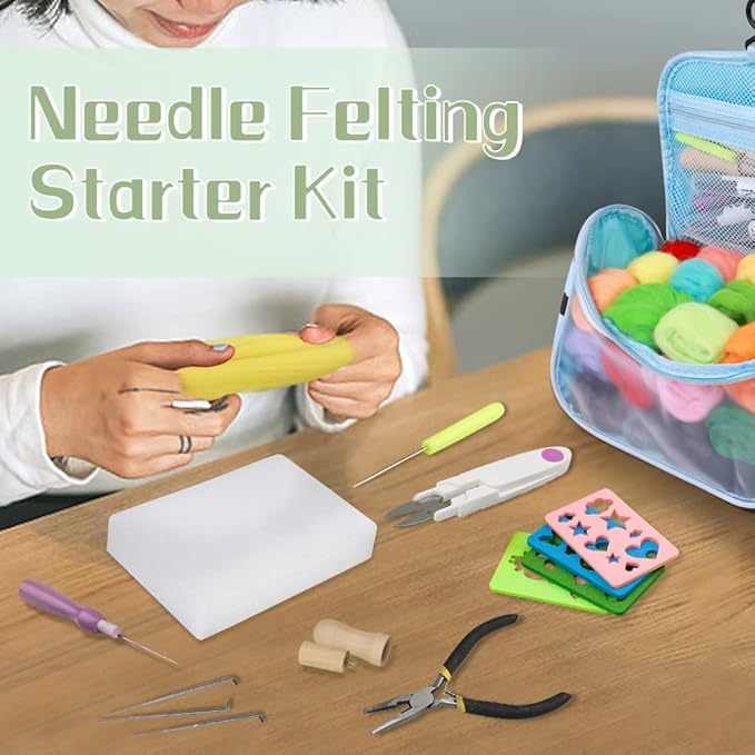 JUPEAN 228 Pcs Needle Felting Kit Wool Felting Tools for Beginner 50 Colors Wool Roving Starter Felting Kit with Felting Needles Foam Mat Needle Felting Supplies Storage Bag for DIY Craft Making
