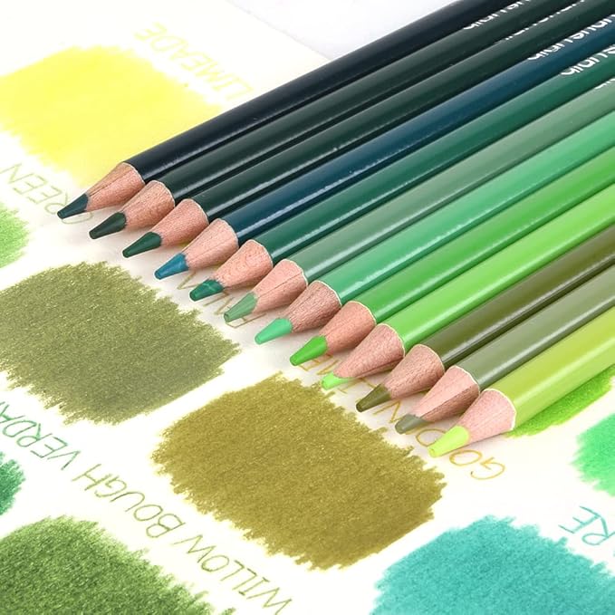 qianshan 12 Green Colored Pencils Oil Based Pre-sharpened Wooden Colored Pencil Set for Adults Coloring Books Drawing Sketching Art Supplies, No Duplicates