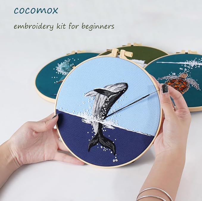 COCOMOX 4 Sets Embroidery Kit for Beginners, Hand Embroidery Stiches Practice Kit for Adults, Dolphin Swan Turtle Hummingbird Pattern Embroidery Kit, Craft Hand Stitch DIY Kit