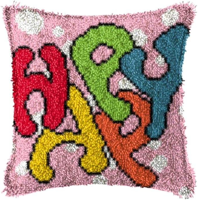 LAPATAIN Latch Hook Kits for DIY Throw Pillow Cover,Happy Needlework Cushion Cover Hand Craft Crochet 17x17inch
