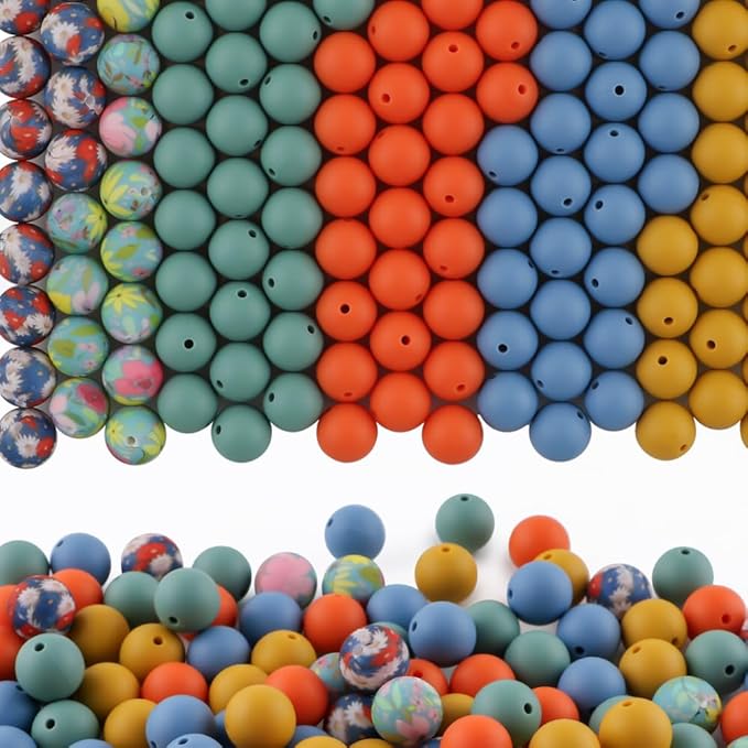 150Pcs Mixed Color 15mm Silicone Beads for Keychain Making, Powder Orange Flower Print Silicone Beads for Pens and Bracelet Jewelry Making