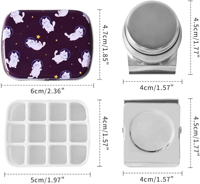 Portable Mini Tin Box 12-Well Empty Watercolor Palette Paint Mixing Tray is a Small Storage Travel Kit with Magnetic Clip and Oil Pot,Making it Perfect for Outdoor Sketching and DIY Painting.Cats