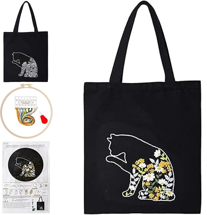 Smart-Feather Cat Embroidery Kit for Beginners Adults, Hand Embroidery Tote Bag Kit with Hoop and Patterns