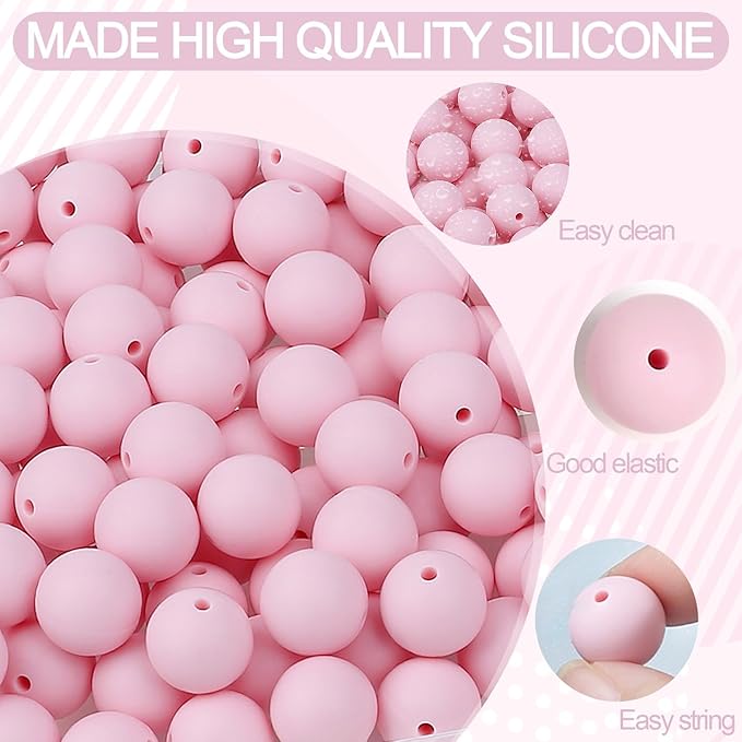 MAIBAOTA 120 Pcs Light Pink Silicone Beads 15 mm for Keychain/Pens/Bracelet/Necklace Making - Focal Loose Rubber Round Beads Bulk for Craft Making (With Boxed Kits)