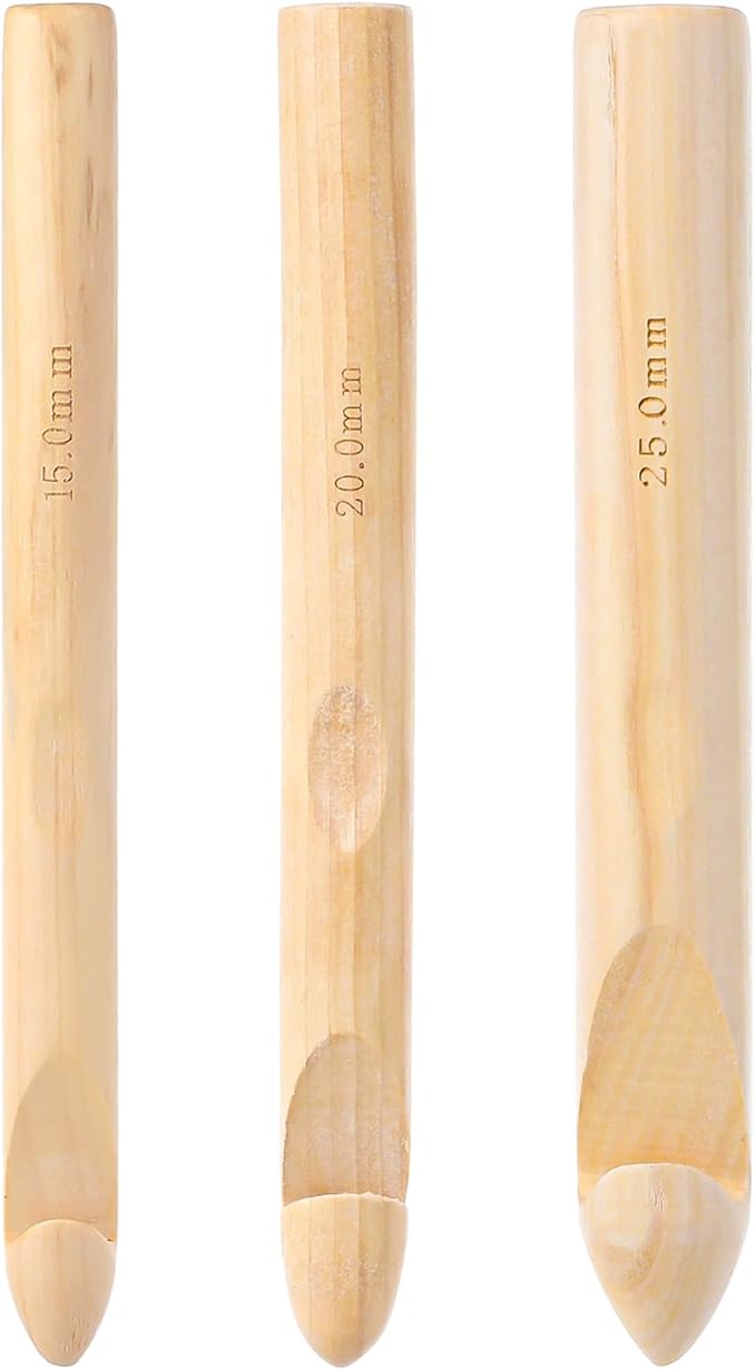 3 PCS Large Wooden Crochet Hooks for Chunky Yarn, Giant Bamboo Jumbo Ergonomic Crochet Hook Set, Inline Crochets Needles Kit for Crochets Thick Blankets Carpeting Sweater Hat (15mm 20mm 25mm)