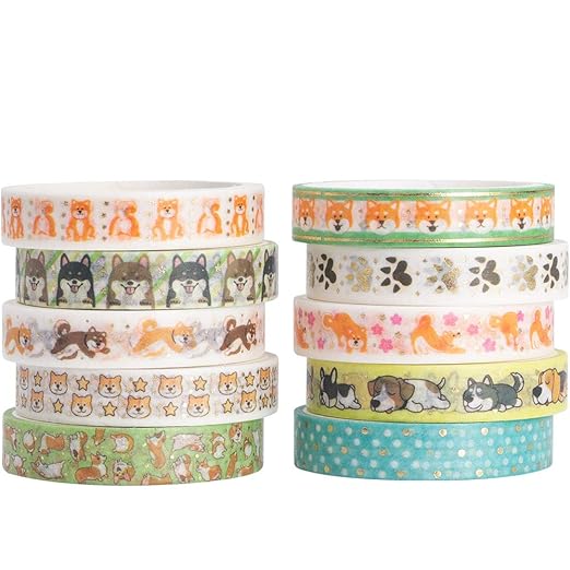 YUBBAEX 10 Rolls Sparkling Washi Tape Set 8mm Skinny Gold Foil Decorative Masking Washi Tapes for Journal,Scrapbook, Planner, DIY Crafts (Cartoon Doggy)
