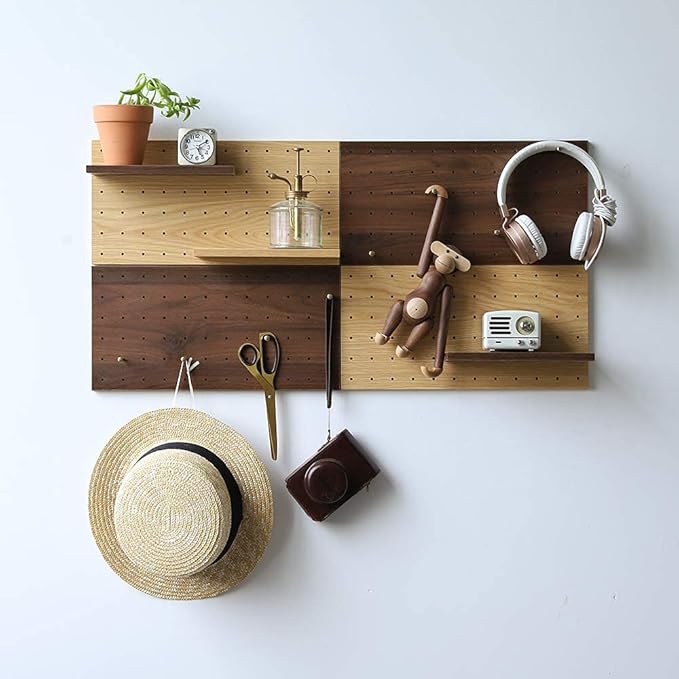 Wooden Pegboard Modular Display Organization Storage Wall Hooks Shelf (Color:Oak)