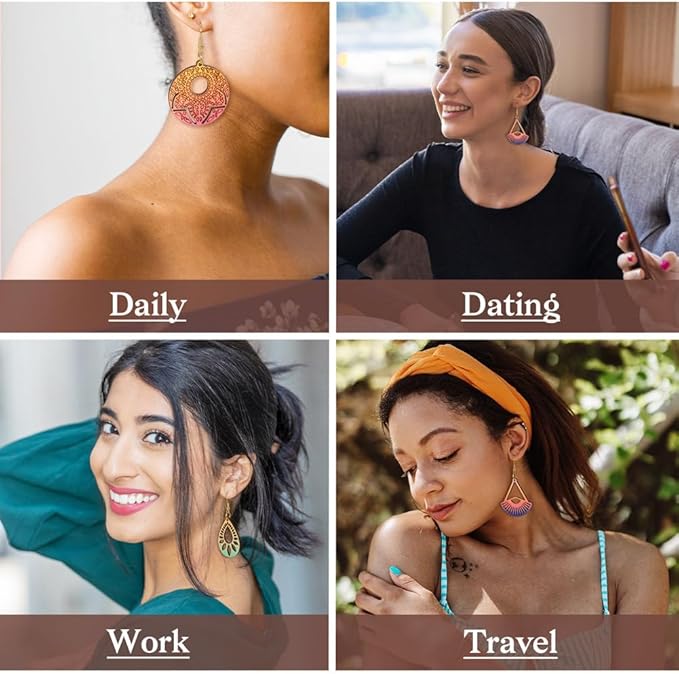 26pcs Wooden Earring Charms Unfinished Natural Wood Filigree Pendants in Teardrop & Kite & Flower & Rhombus & Triangle Shape with Earring Hooks & Jump Rings for Boho Earring DIY Jewelry Making