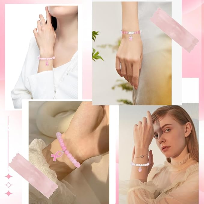 SUNNYCLUE 1 Box DIY 6 Sets Breast Cancer Awareness Bracelets Pack Pink Ribbon Charms Beading Bracelet Making Kit Hope Health Aware Charm Imitation Jade Round Beads for Jewelry Making Kits Women Craft