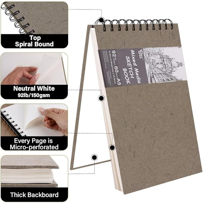 5.8" x 8.3" Mixed Media Sketch Book,Spiral Bound Hardcover Sketchbook,60 Sheets 92lb/150gsm Neutral White Acid Free Paper,Art Journal Sketchbook for Drawing Writing Sketching Illustration,Dark Grey