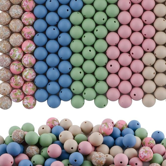 150Pcs Mixed Color 15mm Silicone Beads for Keychain Making, Blush Green Flower Print Silicone Beads for Pens and Bracelet Jewelry Making