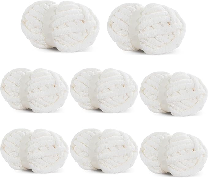 BALAPET 8 Pack Chunky Chenille Yarn for Crocheting & Knitting, 27yds 8 oz Each Skein Fluffy Kitting Yarn Set, Thick Velvet Plush Yarn for Handcrafts Weaving Making Blankets, Clothes, Cream White