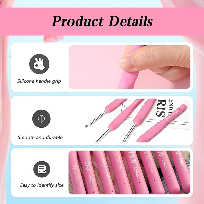 9 Size (2.0mm-6.0mm) Pink Ergonomic Crochet Hooks Set Case Crochet Needles with Soft Comfort-Grip Handles for Beginners Arthritic Seniors Hands