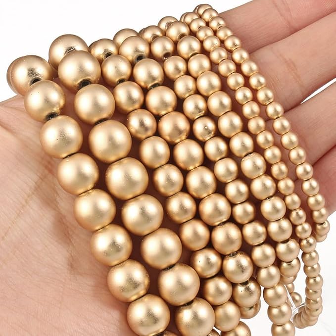 Stone Beads, 60pcs Matte Gold Hematite, 6mm Round Loose Beads for Jewelry Making, Bracelets, with Bag, String & Card