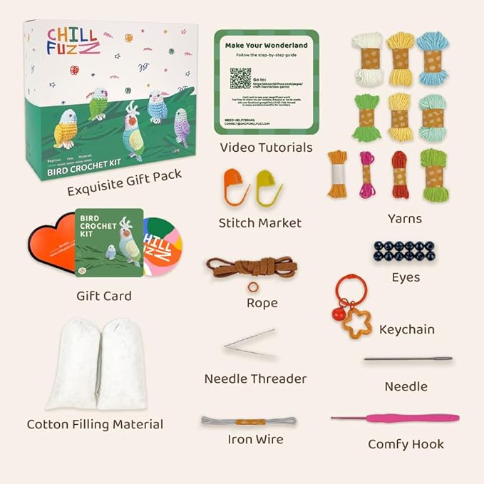 ChillFuzz Animal Crochet Kit Beginner Crochet Kit for Adults with Yarn Hook and Step by Step Instructions Relaxing DIY Gift Parrot