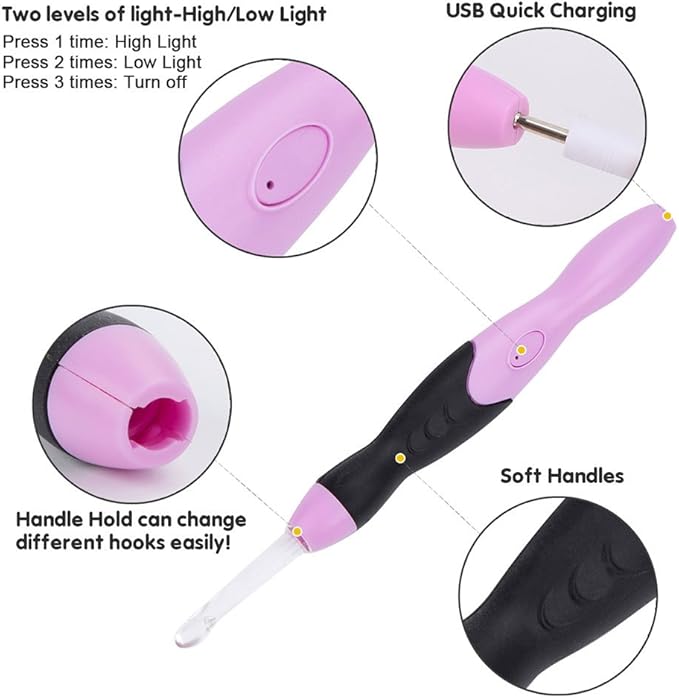 Vidillo Crochet Hooks Lights Set with Case, Ergonomic Rechargeable Lighted Hooks,9 Interchangeable Heads Hooks with a Crochet Hooks Case, Knitting Knit Needles Weave Yarn Sewing DIY Craft (Purple)