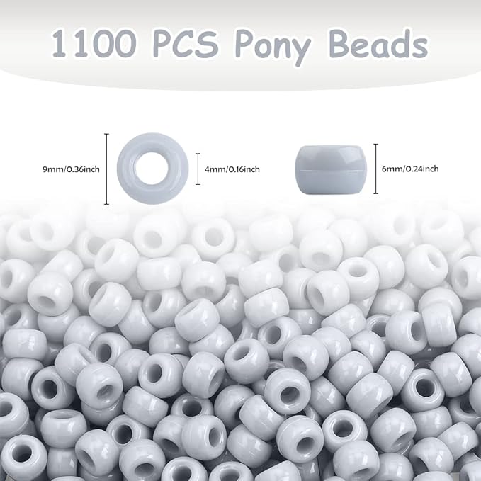 pony beads bulk 1100 pcs, beads for jewelry making, beads for bracelets making, hair beads, bracelet beads, plastic beads for crafts, hair beads for braids for girls (light grey)