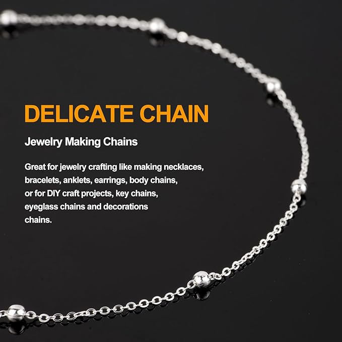 KYUNHOO 32.8 Feet Beaded Chain for Jewelry Making Thin Cable Chains Bulk Silver Jewelry Supplies for Women Men DIY Handcrafts with Lobster Clasps Jump Rings