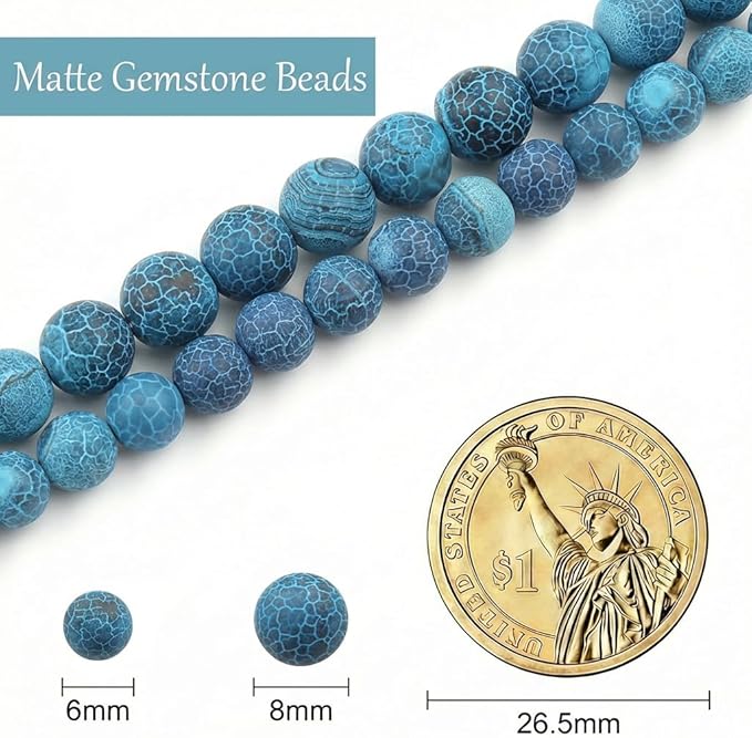 Stone Beads, 45pcs Matte Blue Frosted Agate, 8mm Round Loose Beads for Jewelry Making, Bracelets, with Bag, String & Card
