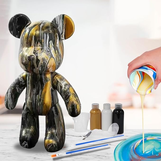 HANDA DIY Painting Kit - Teddy Bear & Gloomy Bear Figurines, Creative Home Decorations, Handmade Doll Toys, Gift for Birthday & Valentines (9.05 inch, Gold+White+Black)
