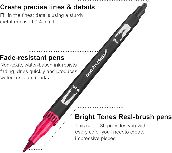 Markers for Adult Coloring Books No Bleeding, Set of 36 Colors, Coloring Pens for Adults, Dual Brush Marker Pens with Fine & Brush Tips, Art Supplies for Drawing, Calligraphy, Sketching and Doodling.