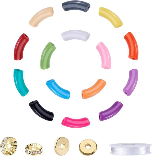 75Pcs Acrylic Chunky Tube Beads with Rondelle Brass Rhinestone Spacer Beads & Elastic Crystal Thread, 15 Colors Large Hole Opaque Curved Tube Beads for Bamboo Bangles Bracelet Jewelry Making