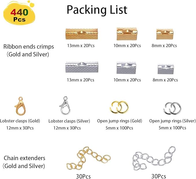 EuTengHao 440Pcs Ribbon Bracelet Kit Bookmark Pinch Crimp Ends Jewelry Findings Supplies Includes Ribbon Ends Crimps Lobster Clasps Open Jump Rings and Chain Extenders (Gold and Silver)