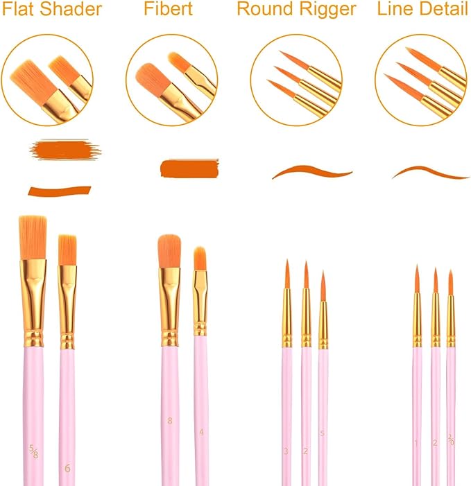 AROIC Painting Brushes Set, 10 Packs /100 Pieces, Nylon Brush Head, Suitable for Oil and Watercolor, Perfect Suit of Art Painting, Best Present for Painting, Pink