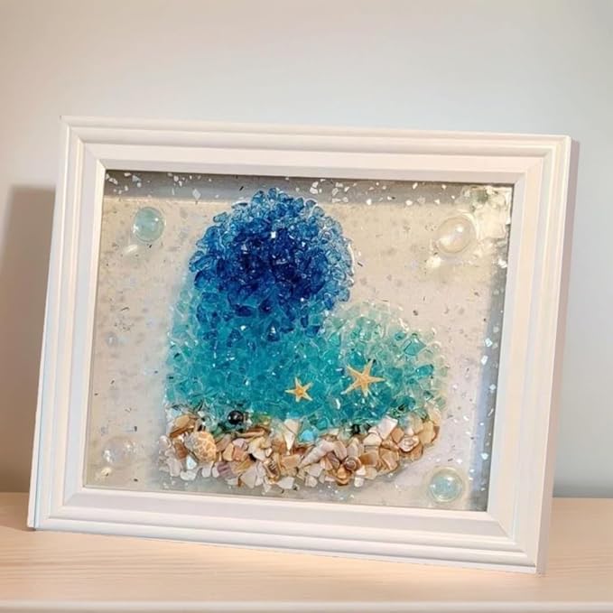 Sea Glass Art Kit, Mosaic Glass Photo Frame Set 9.5x7.5 Inch, Handcraft Style DIY Mosaic Craft Kits, DIY Resin Beach Art Kit for Home Decoration, Office, Bookshelf/Windowsill (Coconut Tree)