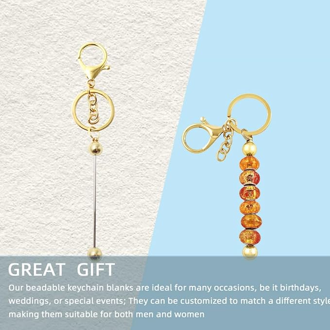 8 Pcs Gold Beadable Keychain Bars Blanks Bead Keychain Metal Beaded Keychain for Keychain DIY Projects Pendant Jewelry Crafts Making Gift