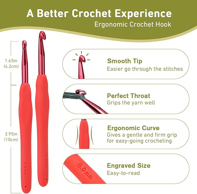 6mm Crochet Hook, Supers Smooth 6 mm Ergonomic Crochet Hooks for Beginner, Comfort for Arthritic, 1 Pack