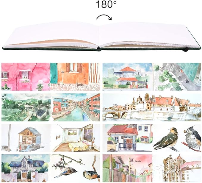 Mifuner 5"x 8" 220gsm Travel Handmade Cloth Cover Watercolor Paper 80 pages (40sheet frond and back) Notebook Journal Painting Paper Perfect for Travel Green