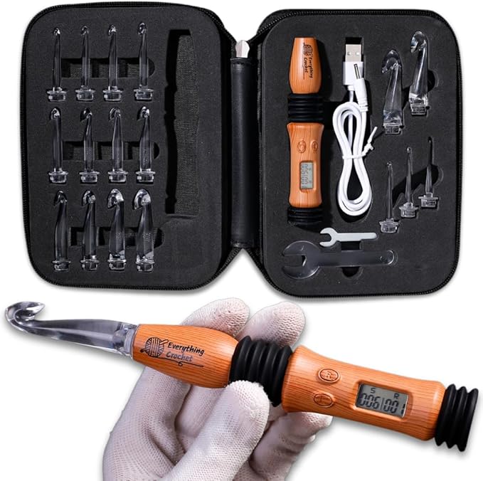 everything crochet vintage counting crochet hook set with light & counter - ergonomic for arthritic hands - light up, digital stitch & row counter - 17 size interchangeable hooks kit - cool gift