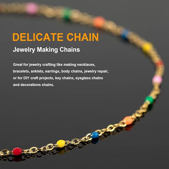 KYUNHOO 16.4 Feet Gold Jewelry Chains for Necklaces Crafting Multicolor Enamel Bead Chain Roll Soldered Stainless Steel Chain for Jewelry Making with Lobster Clasps Jump Rings