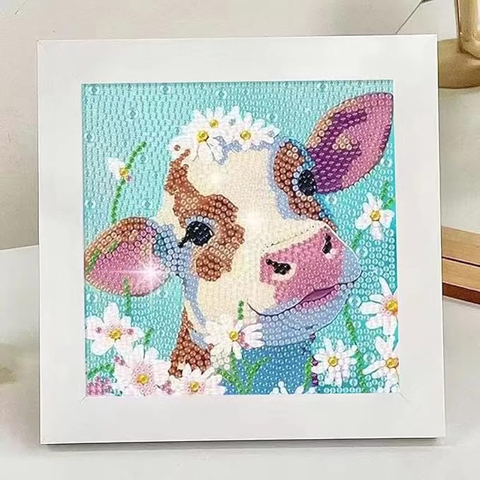 PERFECTSIGHT Cute 5D Diamond Art Kits with Wooden Frame, Kawaii DIY Painting Art for Adults, Diamond Arts and Crafts Sets, Big Gem Full Drill Diamond Dots for Women Beginners (Cow)
