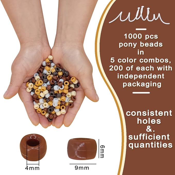 MIIIM 1000PCS 6x9mm Pony Beads Bulk, 5 Styles Brown Pony Beads for Bracelets Making Kit, Kandi, Hair Braids Crafts for Jewelry Making (Brown)