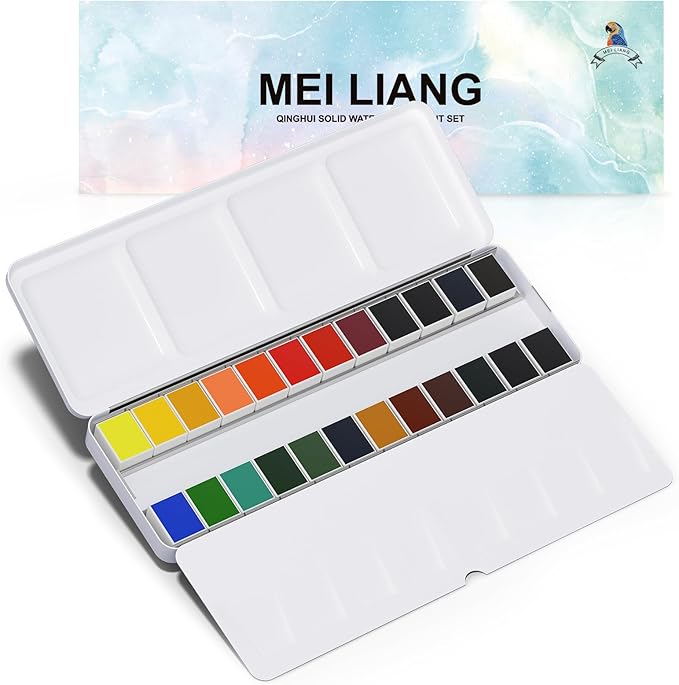 24 Colors Solid Watercolor Paint Set, Vibrant and Highly Pigmented Colors, Removable Pans and Built-in Palette, Portable Metal Case for Students, Beginners, and Outdoor Sketching
