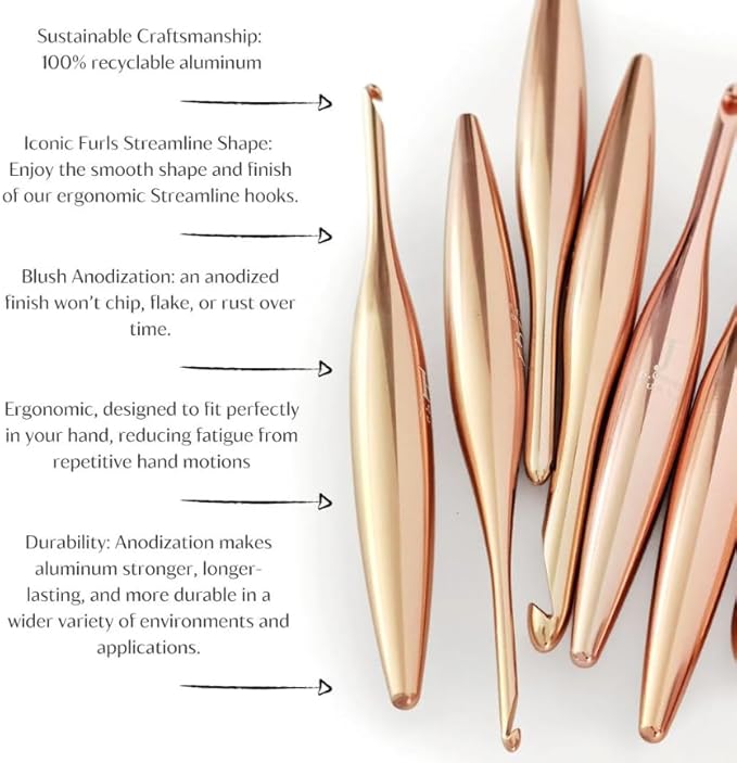 Furls Crochet Hook, Blush Streamline Metal Polished & Matte Finish, Ergonomic Handle Crochet Hooks 7" (Blush - Polished, E - 3.50mm)