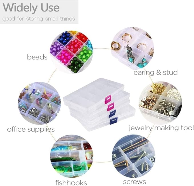 Opret 15 Girds Bead Organizer(8 Pack), Earring Organizer Box, SMALL Plastic Clear Organizing Containers with Adjustable Dividers for Crafts Jewelry Screws Small Items, Size 6.9×3.9×0.9in