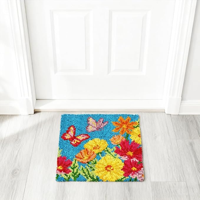 ORIGACH Butterfly & Floral Latch Hook Rug Kit for Adults Printed Rug Making Kit Handmade Carpet Tapestry Cover with Hook Latch and Preprinted Canvas, Home Arts Crafts Sofa Decor, 17.72x17.72inch