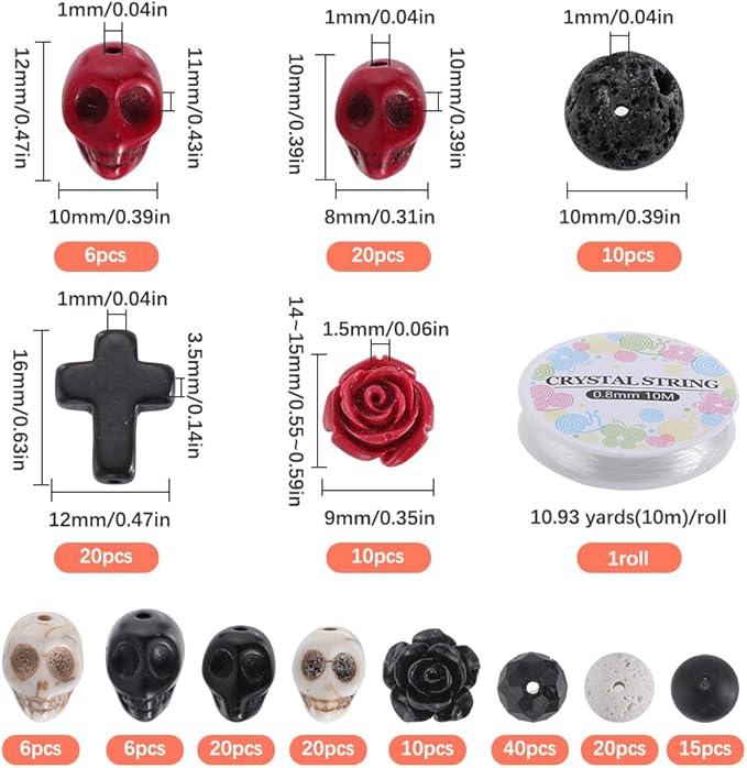 SUNNYCLUE 203Pcs Halloween Skull Beads Skeleton Charms Bulk Natural Lava Rock Synthetic Turquoise Black Stone Cross Flower Rose Spacer Beads for Jewelry Making Bracelets Necklaces DIY Crafts