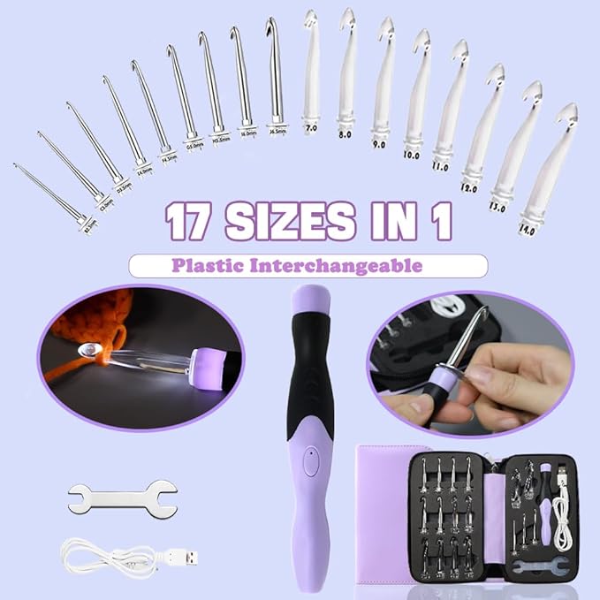 lewhoo 17 sizes lighted crochet hooks set 2.5mm~14.0mm, metal crochet hook with interchangeable crochet head