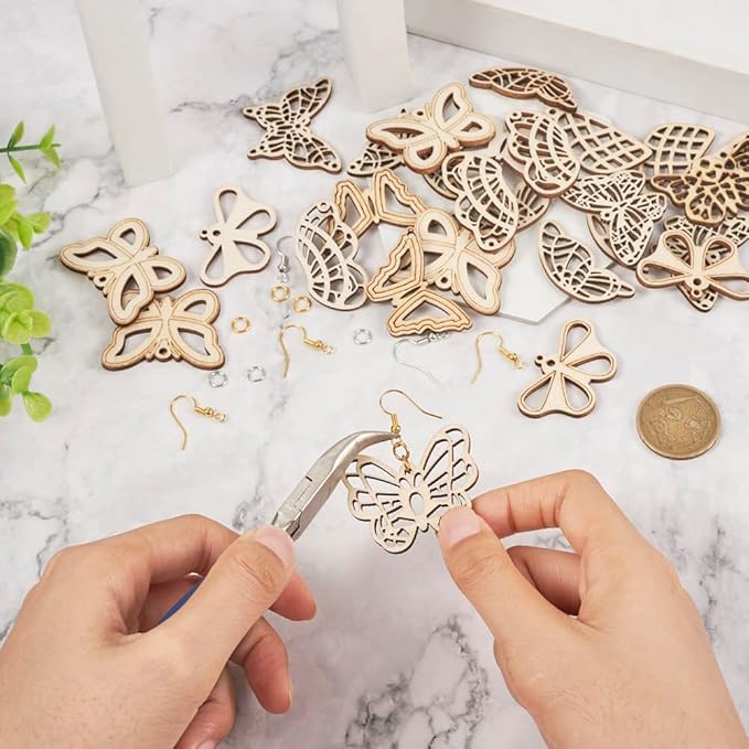 48pcs Wood Butterfly Charms Unfinished Natural Wood Filigree Wing Pendants & 50pcs Earring Hooks & 50pcs Jump Rings for Boho Earring DIY Jewelry Making