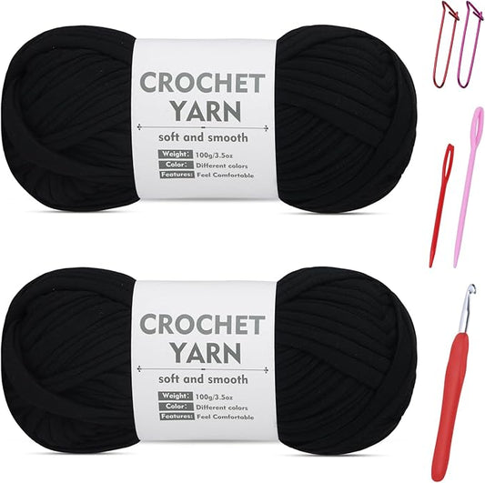 2 Pack T-Shirt Yarn Set, Black Knitting Crochet T Shirt Yarn, Tshirt Yarn Kit for Crocheting, Ribbon Cotton Yarns, Knitting Yarns Ball