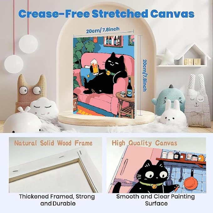4Pack Funny Black Cat Kitchen Paint by Numbers Kit for Kids, Vintage Animals Easy Framed Adults Paint by Numbers Kits, DIY Cute Cat Acrylic Oil Painting Number Kits for Home Wall Decor (8 x 8 Inch)