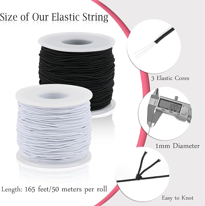 2 Rolls Stretchy Elastic Cord & Retractable Measuring Tape Set, 1.0mm x 110 Yards Beading String for Jewelry Making, Bracelets, Necklaces (Black + White)