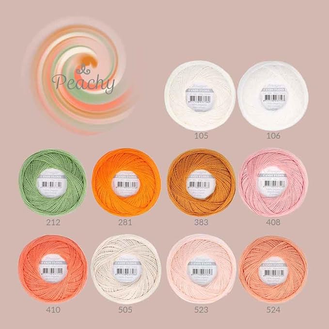 Scheepjes Candy Floss Color Pack 10 x 20 g (0.7 oz) - Peachy Mercerized Cotton Assorted Orange Pink Green