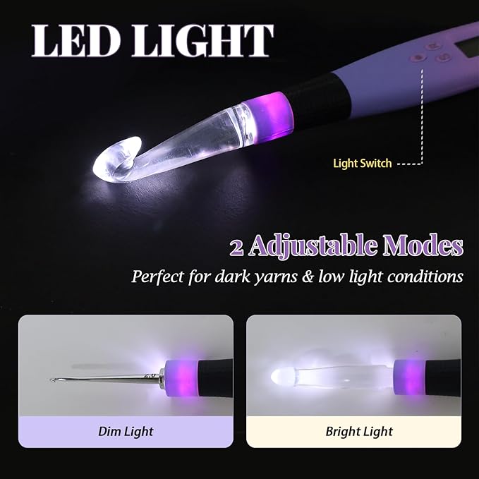 Lewhoo Light up Crochet Hook, 22 in 1 Lighted Crochet Needle Easy to See Stitch with Screw Knob, Ergonomic Gradiant Crochet Hook Set Glow in Dark, Metal and Plastic Hooks Purple 2.0-14.0mm