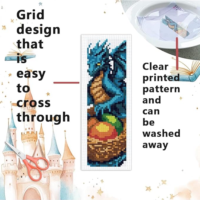 INFUNLY 6 Set DIY Cross Stitch Bookmark Kit Loong Cross Stitch Kits 8"x2.4" Pre-Printed Dragon Stamped Embroidery Bookmark Kit with Instructions for Beginners Book Lovers Adults Gift