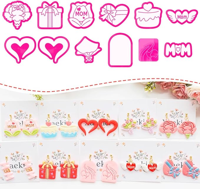 Mother’s Day Polymer Clay Cutters & Stamp Set - 12pcs Sharp & Durable Mom, Heart, Cake, Carnation & Gift Shapes for DIY Earring Jewelry Making, Soft Clay Crafts & Holiday Supplies